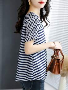 YUXIN 春夏女式上衣，波点条纹拼接，不对称设计，百搭短袖T恤，休闲百搭 - 藍色 - 查看 6