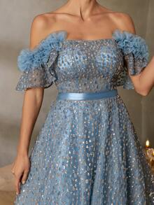 Faeriesty Elegant Off-Shoulder A-Line Evening Gown With Beaded Back-Tie Detail & Ruffled Sleeves – Sophisticated Formal Wear For Red Carpet Events, Black-Tie Galas, Wedding Guest Dresses, Formal Ceremonies, And Prom Night Attire - Teal Blue - View 6