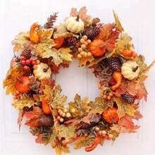 1Pc Autumn Door Wreath Christmas Halloween Decoration Pumpkin Berry Pine Cone Maple Artificial Wreath Cloth Rattan Material Home Decoration