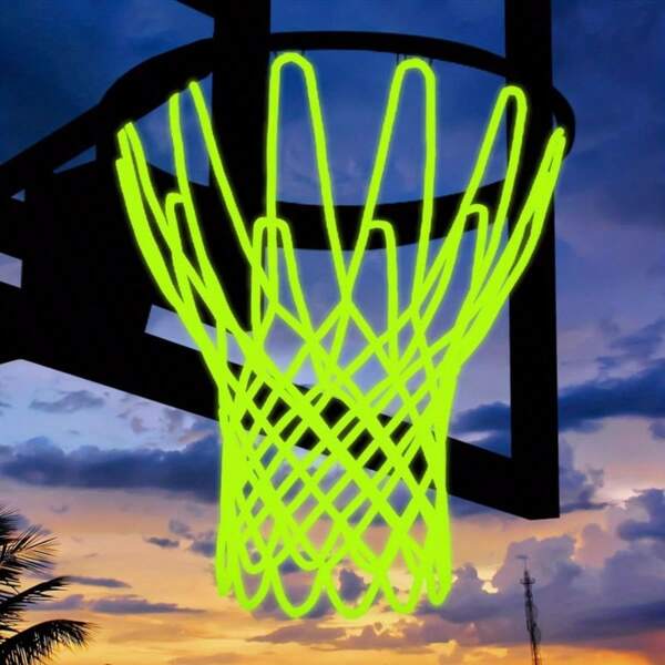 1 Stück leuchtendes Basketballnetz - für alle Wetterbedingungen, reißfest, aus strapazierfähigem Nylon, 12 Ringe, leuchtend grün, geeignet für die Verwendung im Innen- und Außenbereich, strapazierfähiges leuchtendes Basketballnetz für Outdoor-/Indoor-Basketballplätze