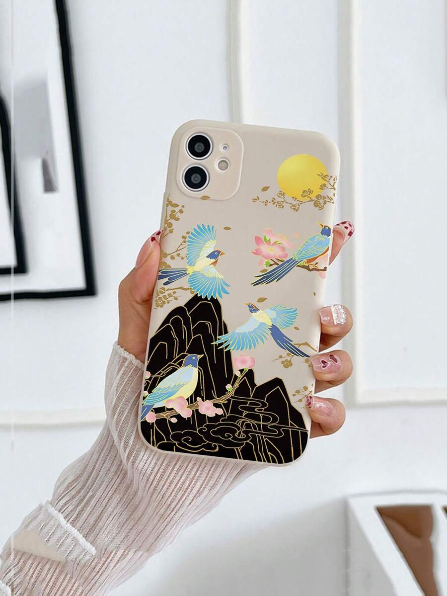 1pc Beige Matte TPU Anti-Drop & Painted Mountain And Bird Pattern Phone Case Compatible With IPhone 7G/8PLUS/X/XR/XS MAX/11/12/13/14 PRO/15promax/16/16Pro/16Plus/16Promax - Multicolor - View 1