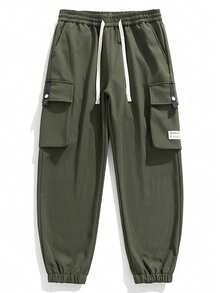 Men's Letter Patch Pocket Drawstring Waist Outdoor Long Pants (Spring/Summer) - Army Green - View 2