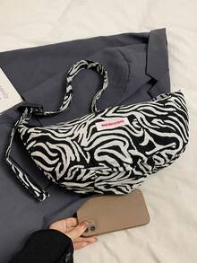 Fashionable Versatile Casual Zebra Print Crescent Crossbody Bag - Black - View 6