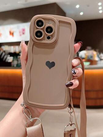 Heart Sticker&Wavy Frame Solid Color Phone Case With Lanyard Waterproof Shockproof Anti-Fall Scratch Resistant