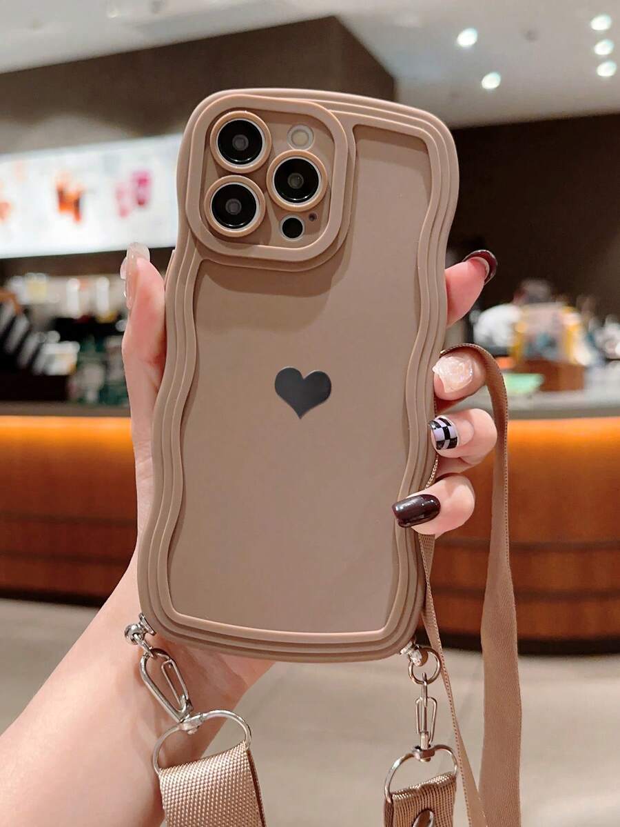 Heart-Shaped Sticker With Wavy Border, Solid Color Phone Case With Lanyard, Waterproof, Shockproof, Anti-Fall, Anti-Scratch - Khaki - View 1