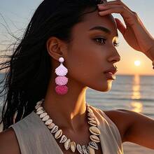 Raffia Dangle Earrings Women - Boho Statement Rattan Drop Jewelry With Design, Lightweight Summer Beach Accessories - Pink Ombre - View 2
