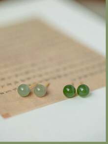 一对 6-8 毫米圆形翡翠和 S925 耳钉优雅迷人耳环，适合女士珠宝日常生活或派对 - 簡約時尚 - 查看 2
