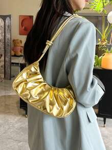 Bolso de mano de mujer de color sólido con pliegues dorados en forma de nube de estilo PU, simple y dulce. Bolso de hombro, bolso cruzado. Adecuado para compras, monedero, estudiantes, mujeres jóvenes, mujeres de oficina. Perfecto para la oficina, la universidad, el trabajo, los negocios, los desplazamientos, las actividades al aire libre, los viajes y los picnics.