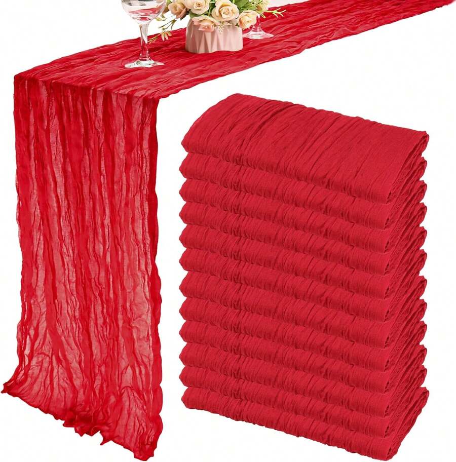 12 Pack Cheesecloth Table Runner 35x72 Inch Boho Gauze Table Runner Rustic Cheese Cloth Long Table Runner Romantic Table Runner For Wedding Bridal Shower Birthday Party Table Decor (Red) - Red - View 1