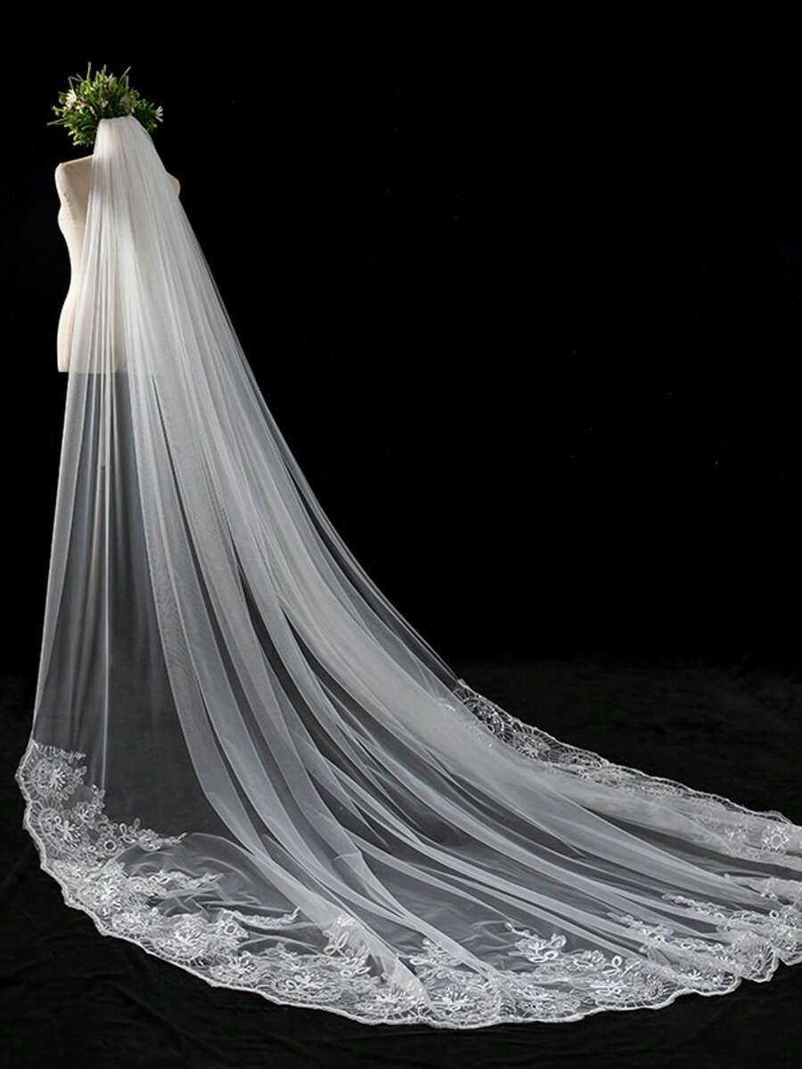 Véu de noiva longo com cauda e acabamento em renda branca, renda floral com lantejoulas, véu grande em tule macio para fotos e acessórios de vestido de noiva, roupas de outono para mulheres, acessórios para o Dia dos Namorados. - Branco - Ver 1