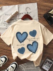 1 pieza Camiseta de manga corta con estampado de corazón para niñas preadolescentes, cómoda y de moda para estudiantes jóvenes en verano - Albaricoque - Ver 4