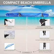 6.5ft Beach Umbrella - Heavy Duty Wind Resistant UV 50+ Portable Sun Shade With Sand Anchor & Carry Bag, Outdoor Folding Umbrella For Beach, Pool, Patio, Garden (Blue Stripe) - 藍色 - 查看 11