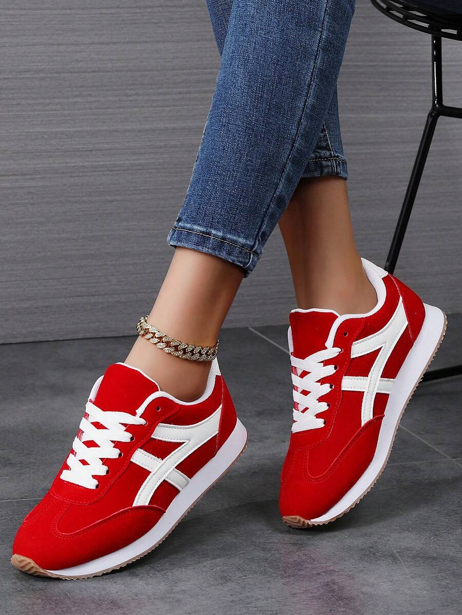 Women's Shoes Breathable Odor-Resistant Flat Lace-Up Running Sneakers Anti-Slip, Suitable For Autumn Hiking Dancing Fitness Red Leather - Red - View 1