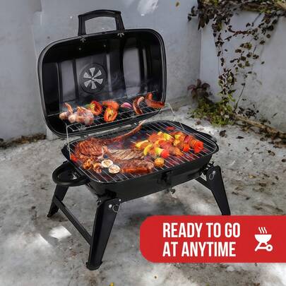 Portable Charcoal Grill, Cast Iron BBQ With Powder Coated Finish, Food Contact Safe, Outdoor Picnic And Camping Tailgate Grill, Small Table Top Charcoal Grill For Camping, Outdoor Cooking, Foldable Camping Barbecue Tools