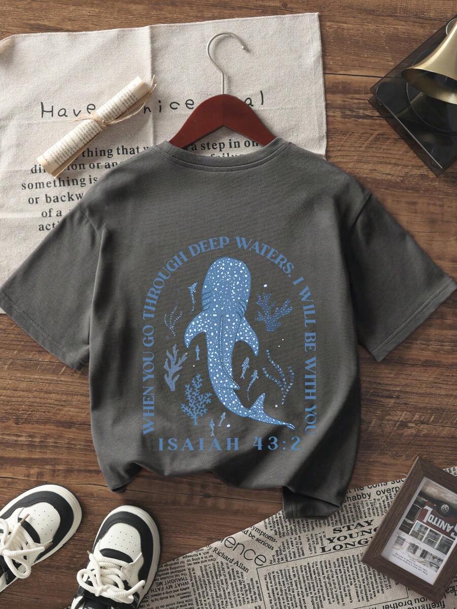 1pc Tween Girls Dolphin & Tropical Print Dark Grey Short Sleeve T-Shirt, Student Young Casual Summer Top, Comfortable & Fashionable