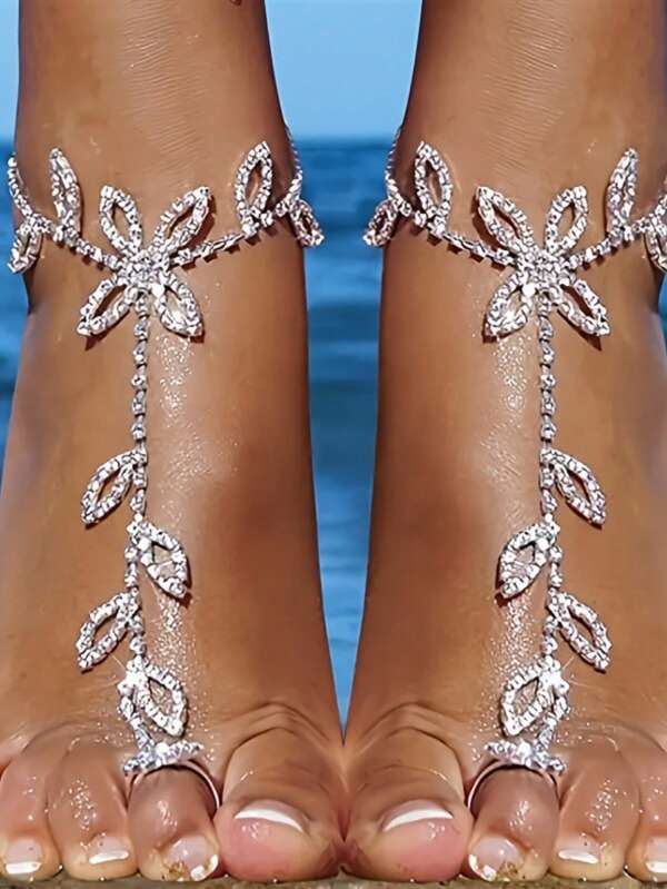 1 pezzo Catena per dita dei piedi scintillante con cristalli a forma di foglia, cavigliera per spose, adatta per donne, ideale per spiaggia e occasioni estive, regalo perfetto per spose e amanti del mare.