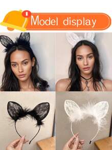 1/2 Pieces Elegant Women's Cat Ear Headband With Lace & Fluffy Feathers - Non-Stretch Polyester Hair Accessories For Cosplay, Costume Parties, Outdoor Events | Fashion Hair Bands For Women (Black/White) Halloween