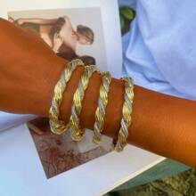European Style 18K Gold Plated Copper CZ Inlaid Wave Cross Bangle Bracelet, Casual & Commuting, Light Luxury