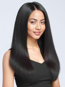 28 英寸黑色中长假发，带中分 - 高密度、耐热纤维，优雅款式，适合日常佩戴和派对，日常假发|光滑假发|耐用假发 - 黑色 - 查看 5