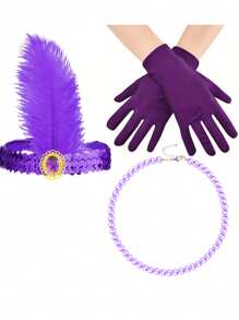 D EXCEED Set de 3 accesorii pentru flapper anii 1920: colier cu perle artificiale, bentiță și mănuși pentru femei - Costum de petrecere de Halloween anii 1920