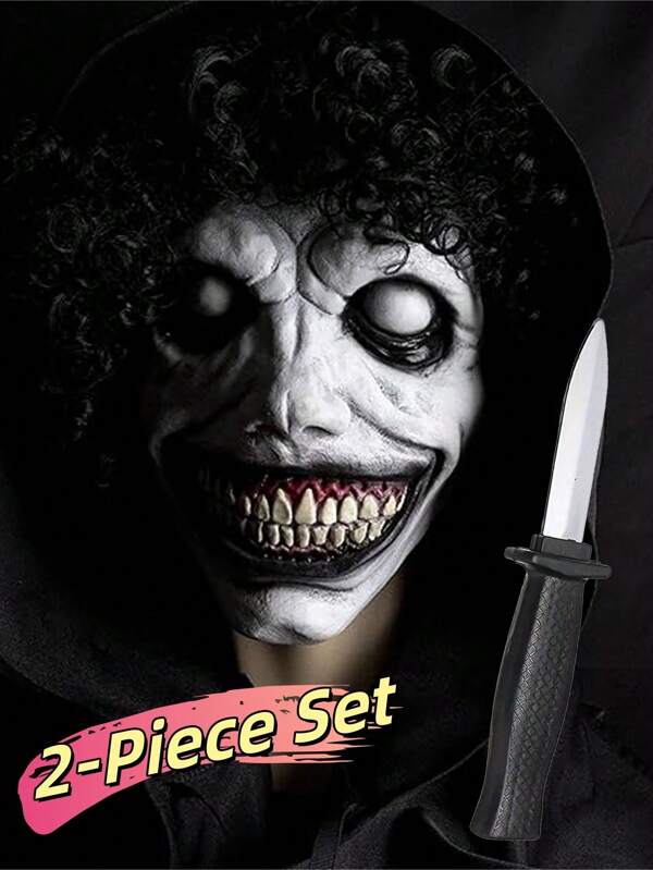 2 Pieces Set Halloween Smiling White Face Demon Mask + Knife, Street Style Monster Theme, Featuring Pale Light Beige, Sunken Eyes, And Sharp Teeth, Creepy Skull Latex Mask, Perfect For Costume Parties, Escape Rooms, Role-Playing Games, Halloween Costumes, And Festive Party Props, A Perfect Gift For Family And Friends