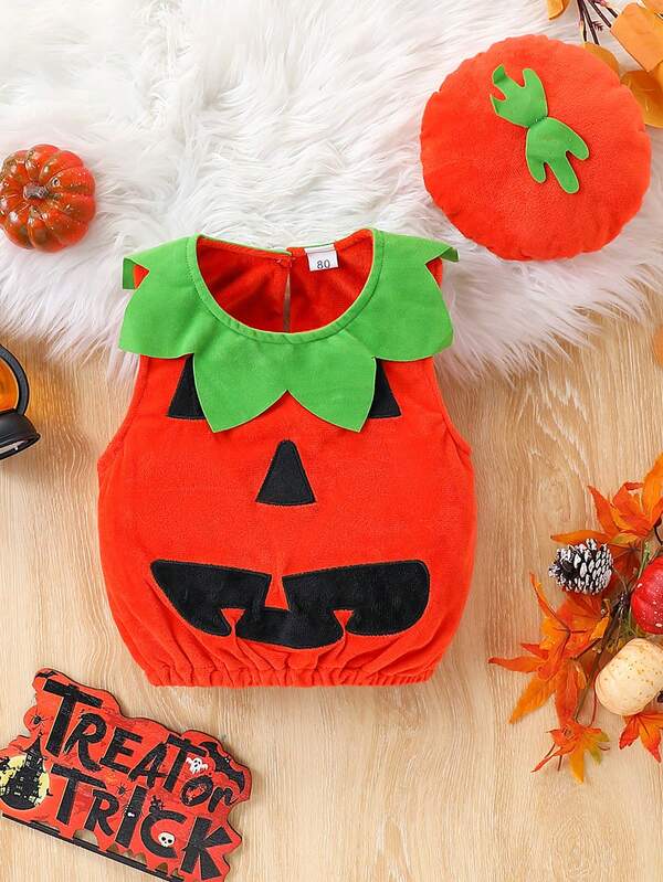 2pcs/Set Toddler Boys & Girls Halloween Sleeveless Funny Ghost Face Embroidery Pumpkin Top + Pumpkin Hat