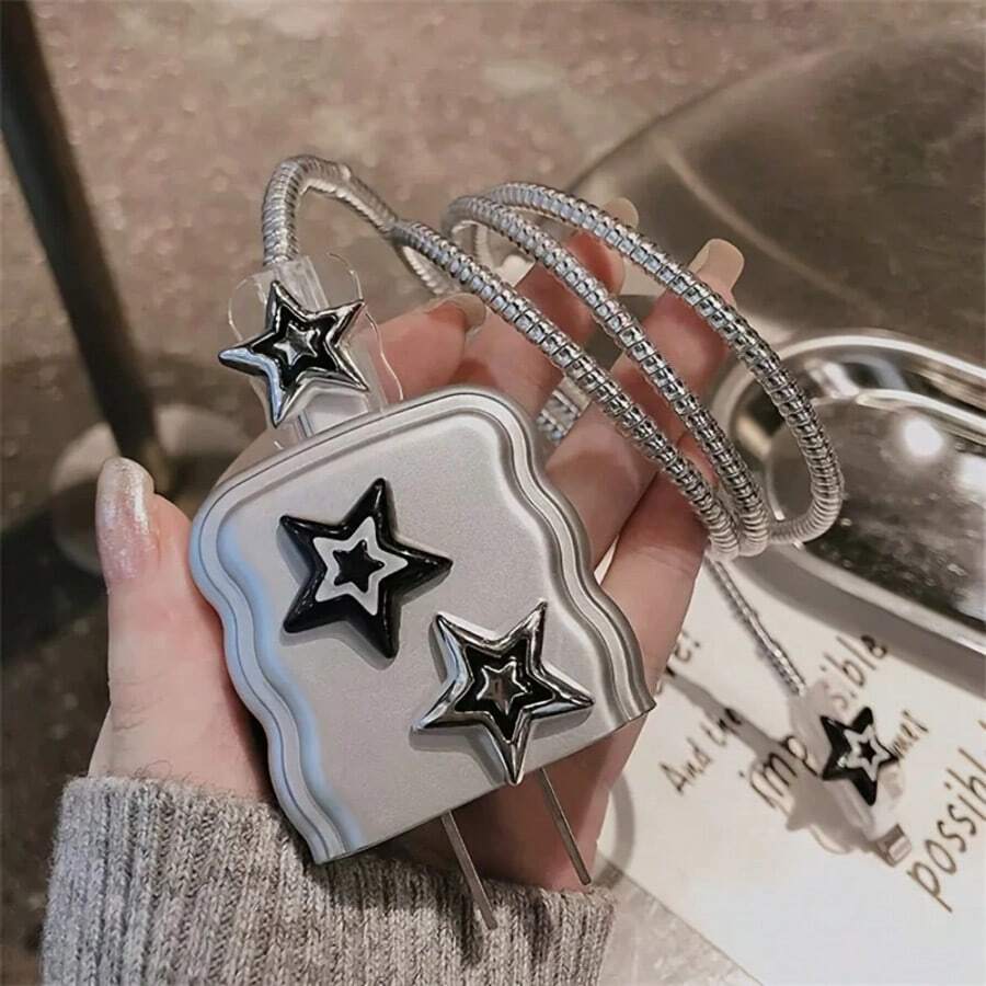 3D Star Electroplated Charger Protective Case Compatible With IPhone 11 12 13 14, 18W-20W Fast Charging Protective Charger Case Accessory, Suitable As A Gift For Friends - Silver - View 1