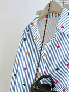 Women's Autumn/Winter Clothing, Striped Colorblock Digital Print Heart Pattern Long Sleeve Casual Shirt, Lapel Collar Button Front, Suitable For Everyday Casual Wear, Halloween, Christmas Undershirt - Blue - View 4