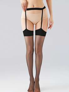 性感大腿高吊袜带透明长筒袜女式黑色蕾丝上衣吊袜带连裤袜 - 黑色 - 查看 6