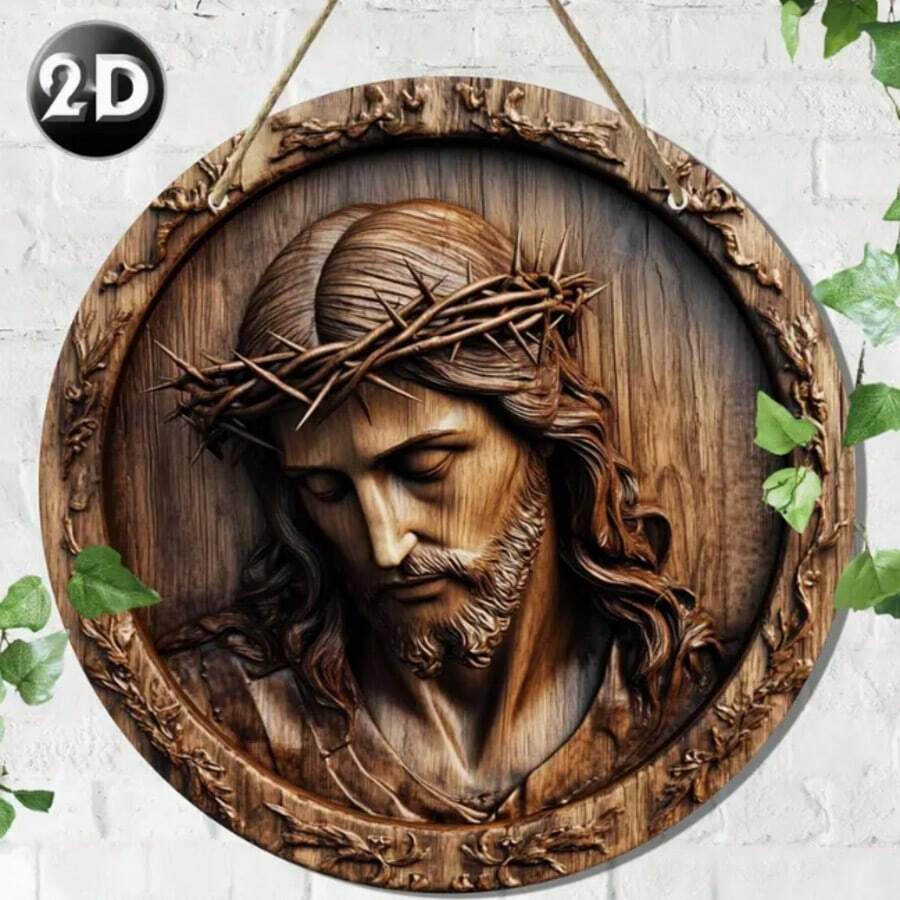1 Stück, 8x8 Inch rundes Holz Jesus Christus Logo, Relief Wandbild, ländlicher Stil Heim- und Bürodekoration, geeignet für Halloween, Weihnachten, Thanksgiving, St. Patrick's Day, Feste, Herbstfeiertage Geschenke, ohne Batterie erforderlich Heimdekoration Halloween Dekoration Herbstdekoration Raumdekoration