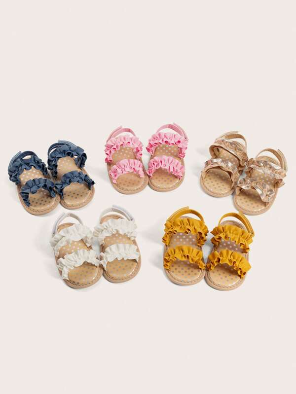 1 Pair Infant Girls' Double Ruffle Flat Casual Sandals, Cute & Fashionable