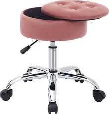 Taburete giratorio para tocador, taburete con ruedas, taburete rodante redondo con almacenamiento, taburete de escritorio con ruedas, taburete ajustable, taburete de oficina, otomano, rosa 34 cm de diámetro - Rosa - Ver 9