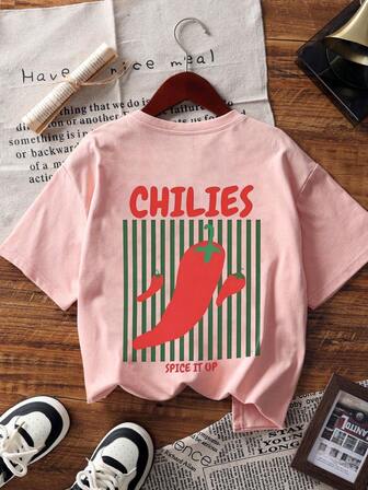 新款女式柔软百搭休闲宽松圆领透气辣椒印花 T 恤，时尚休闲装，春夏