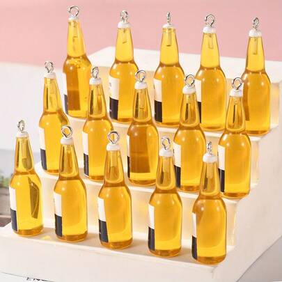 10/20 件迷你 3D 树脂啤酒瓶形手工工艺品 - 亮黄色 DIY 吊坠，带黑色盖子和金属环，适用于钥匙扣、耳环、项链 - 耐用树脂装饰配件，啤酒主题设计，做工精细 - 随机混合