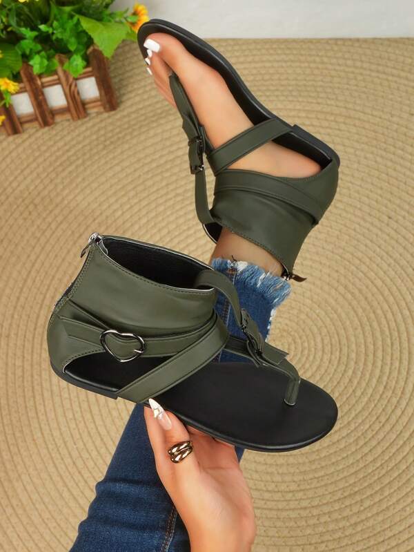 Summer New Women Roman Style Flat Sandals, Elegant Fashion Street Wear, Back Zipper Closure, Suitable For Beach, Holidays, Party