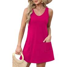 OFEEFAN Womens Summer Dresses 2025 V Neck Sleeveless Sundresses With Pockets Beach Vacation Clothes Floral/Plain - B Plain Pink - 查看 2