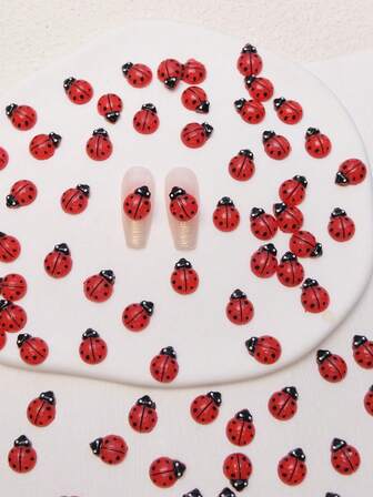 55pcs Fashionable Red Ladybug Nail Art Decorations, Cute Cartoon Beetle Mini Resin Insects DIY Nail Accessory, Handcraft Materials, Suitable For Phone Case Decoration