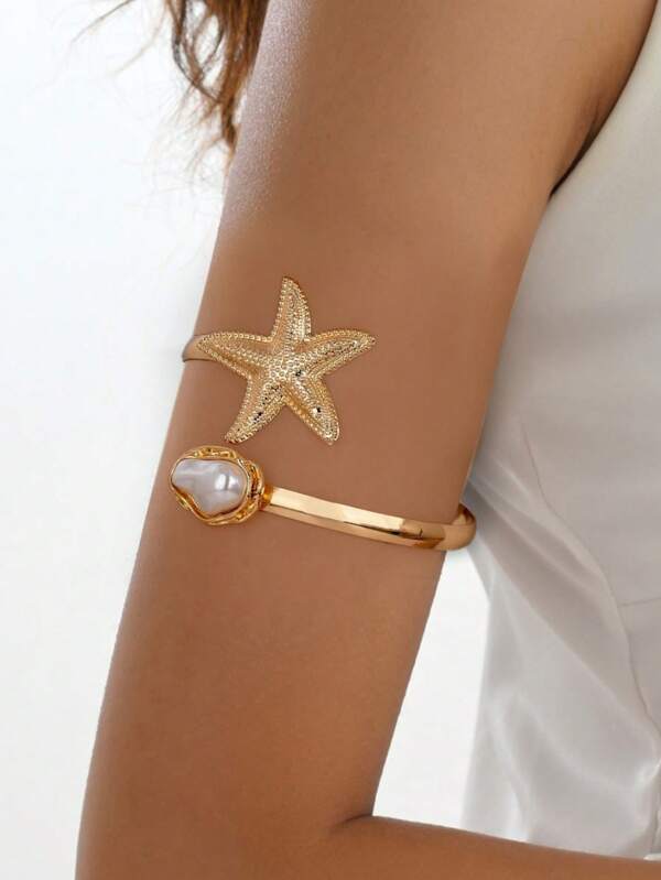 1pc Fashion Beach Style Fake Style Asymmetric Faux Pearl Starfish Open Armband, Premium Women's Gift Jewelry