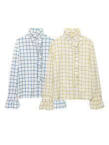 女式日常短袖衬衫，春夏季，瑞士褶饰边，荷叶边袖口，女式纯色宽松休闲衬衫