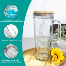 Glass Handle Cups With Lids And Straws 2 Packs, 24oz Travel Coffee Fall Cups Mug Mason Jar Party Drinking Glasses Cute Clear Glass Tumbler For Iced Coffee, Smoothie, Tea, Water - Handle 2 Cups - 查看 6