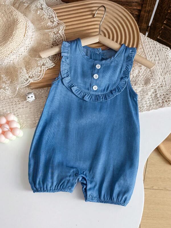 Newborn Baby Girls Cute Denim Effect Sleeveless Jumpsuit Romper, Summer