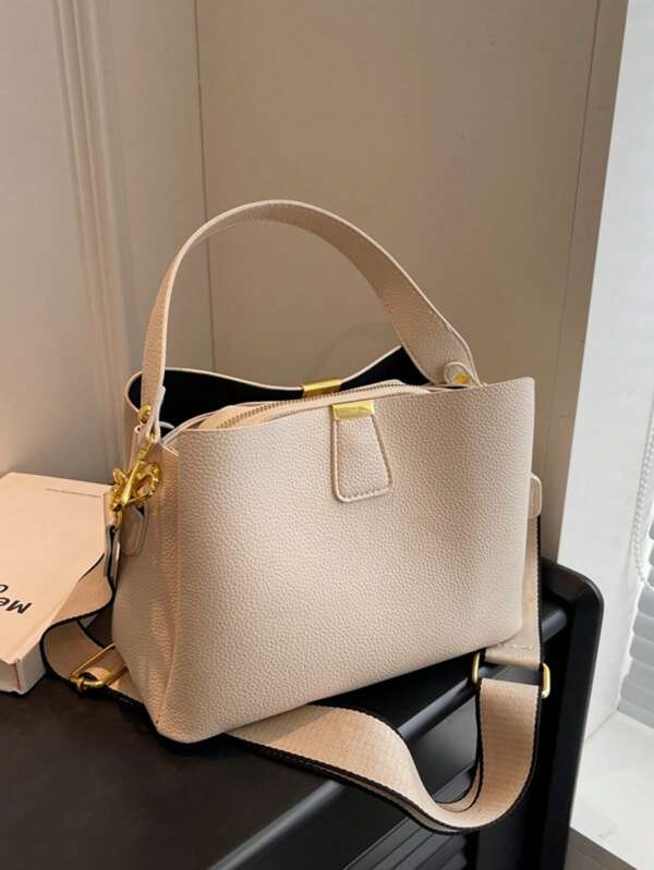 Fashionable And Elegant Solid Color Wide Shoulder Strap PU Women's Multi-Layer Handbag Diagonal Shoulder Bag Simple Multi-Layer Multi Shoulder Strap Bucket Bag
