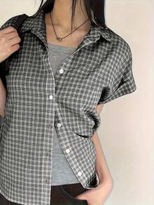 Plaid Print Button Front Shirt, Women Casual Short Sleeve Blouse For Spring And Summer - Black - View 1