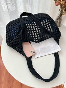 Fashionable Summer Essential: Women Crochet Knitted Handheld Tote Beach Bag, Large Capacity Hollow Out Handbag, Hollow Out Tote Bag, Hollow Out Beach Bag, Shoulder Bag, Women Seasonal Backpack, Beach Purse, Perfect For Summer, Vacation & Daily Use, Travel Must Haves,Elegance Vintage Black,Holiday Essentials,Mother Day Gift,Purse Essentials,Teacher Gifts,Travel Essentials,School Supplies,Beach Tote - Black - View 6