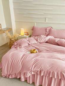 3 pièces Ensemble de literie rose crème fripé doux brossé, convient pour la chambre à coucher, la chambre d'amis, toutes les saisons, lavage en machine