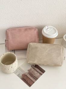 Japandi Style Solid Color Makeup Bag, Large Capacity, Soft Fabric, Zipper Closure, Minimalist Retro Cosmetic Bag For Home, Travel, Outdoor Use, Women