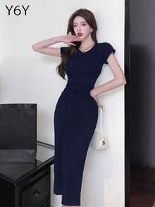 【Y6Y】圆领插肩袖收腰百褶连衣裙|秋冬女装叠穿高端短袖修身简约百搭修身连衣裙 - 藏蓝色 - 查看 5