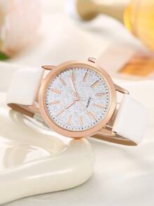 1pc Women's Fashion Grid & Comfy PU Leather Band Quartz Wrist Watch, Casual Style For Students