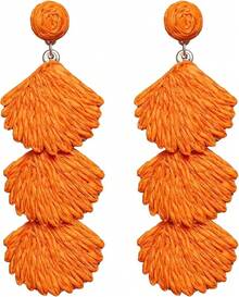 Raffia Dangle Earrings Women - Boho Statement Rattan Drop Jewelry With Design, Lightweight Summer Beach Accessories - Orange - View 1