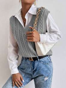 Women's Winter Fashion Knitted Pullover Vest - Dark Green - View 3